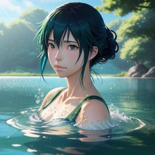Vibrant Anime Woman Immersed in a Summer Lake Scene