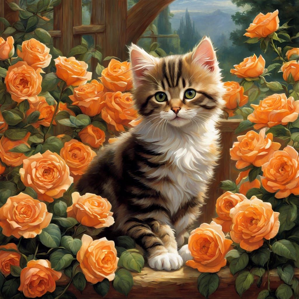 Vibrant Marmalade Kitten Amidst Rose Petals in Whimsical Art