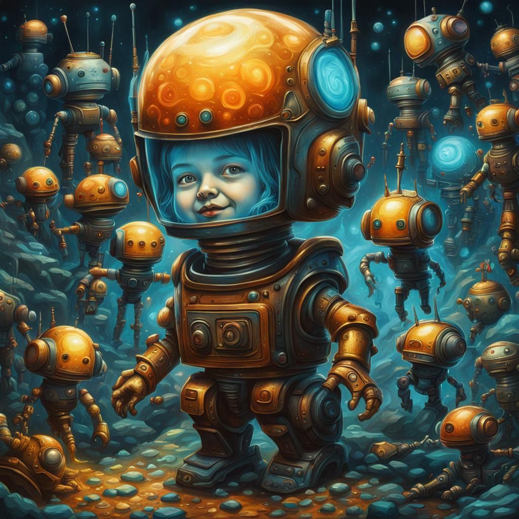 Ticklish Robots and Tiny Girl in Bioluminescent Dreamscape