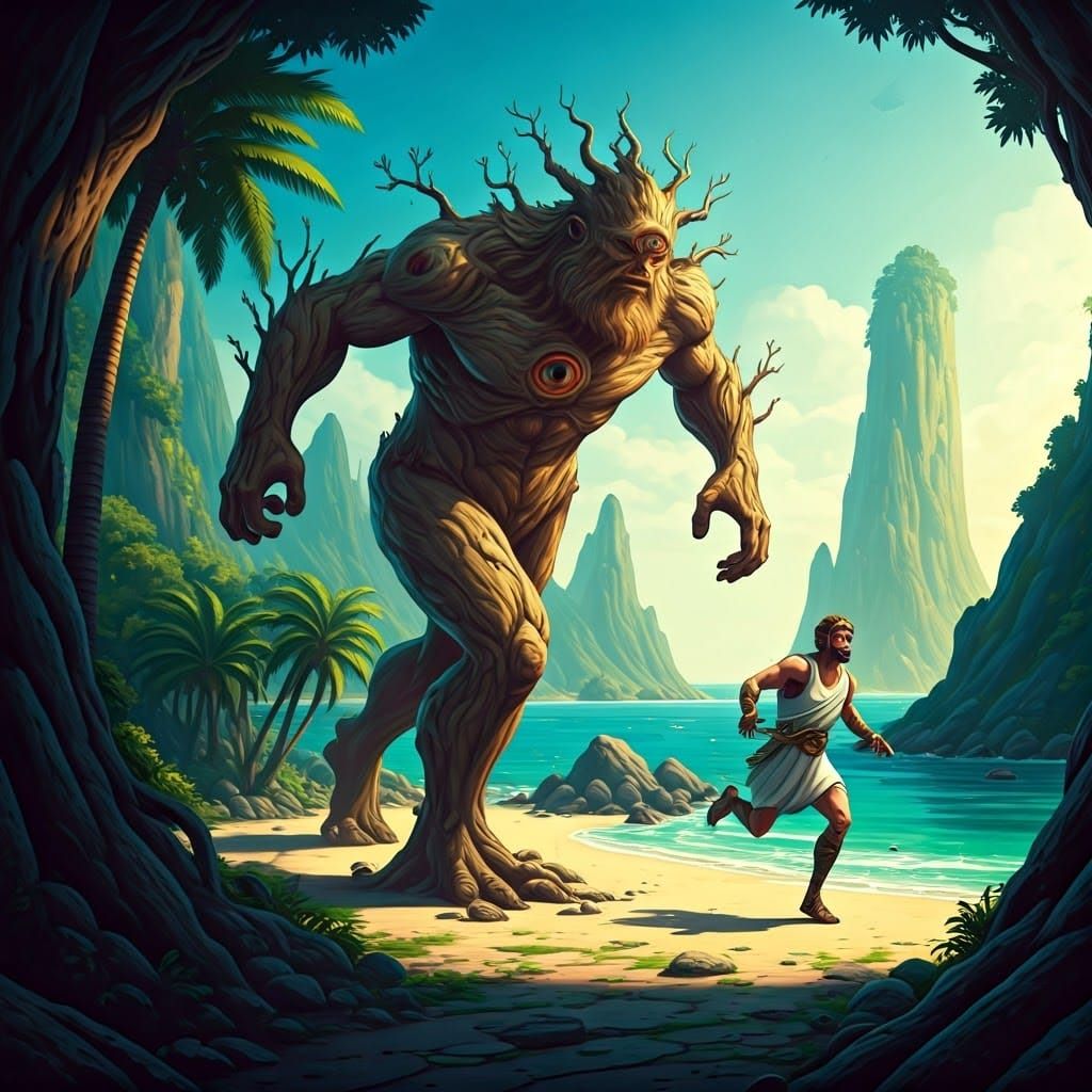 Cyclops Chasing Ulysses on a Lush Island, Illustrated