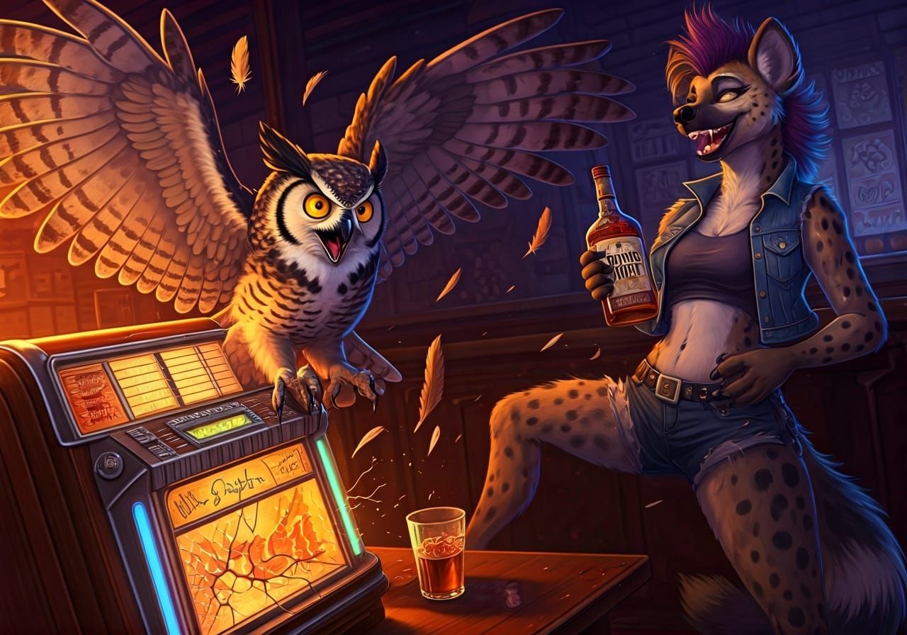 Owl Jukebox Meltdown in Gritty Realism Style