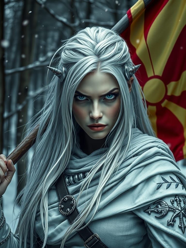 Evil White-Haired Warrior Wielding Macedonian Flag