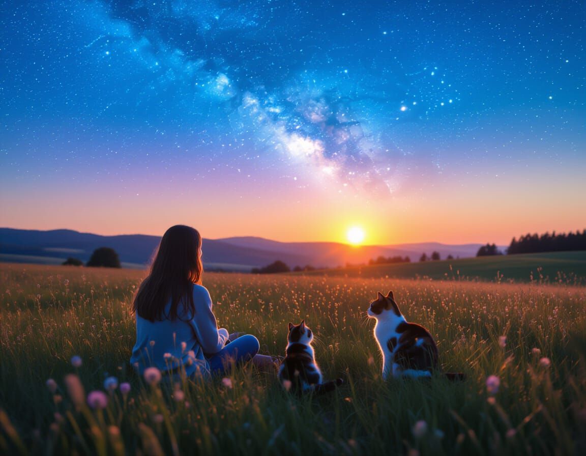 Twilight Meadow: Stargazer, Cat, and Glimmering Light
