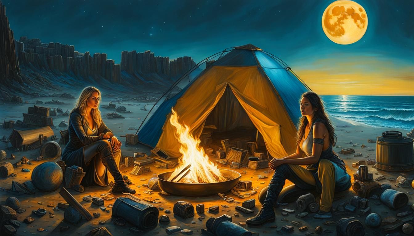 Cyborg Women Around Campfire in Post-Apocalyptic Beach Setti...