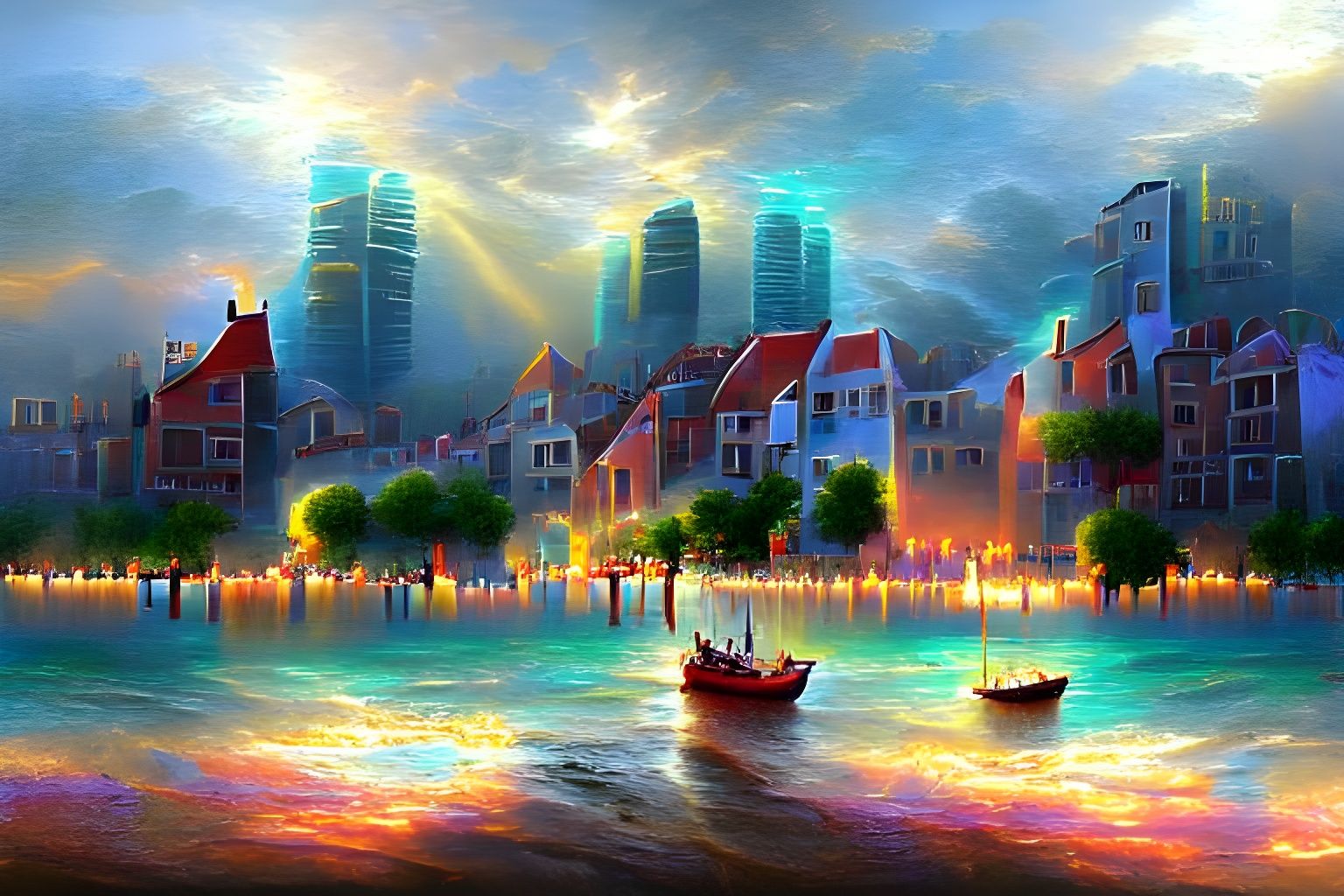 Magical Sea Illuminates Idyllic Cityscape at Sunset