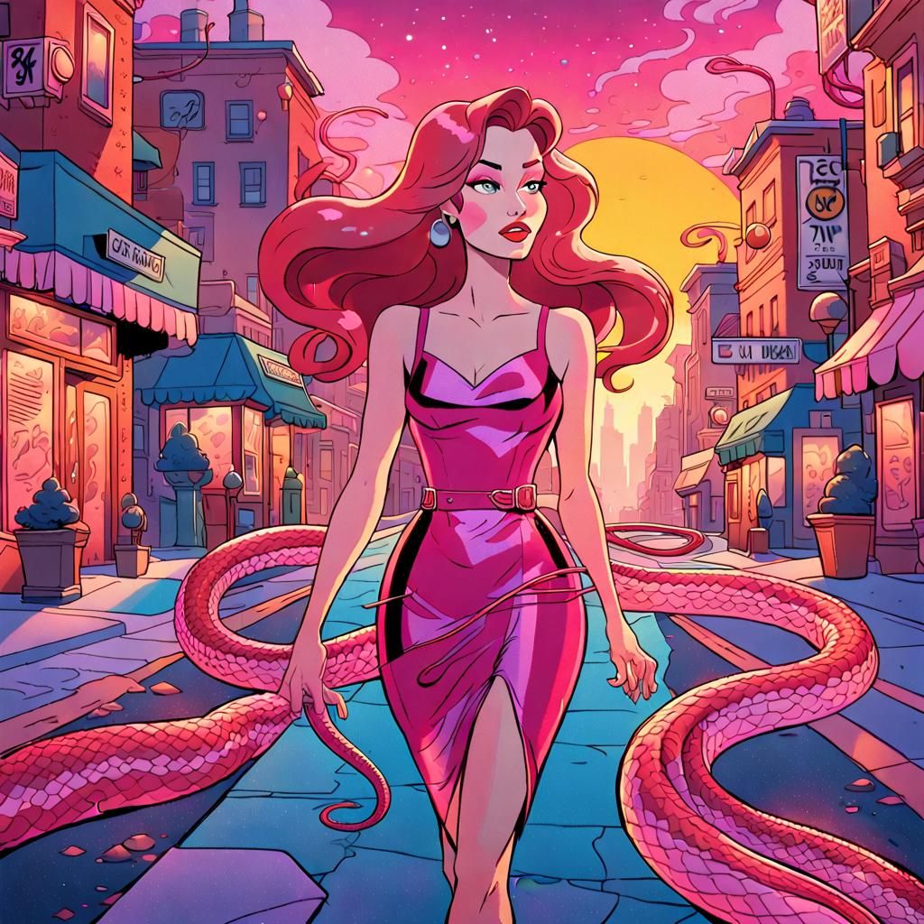 Woman with Snakes for Hair in Cityscape Cartoon