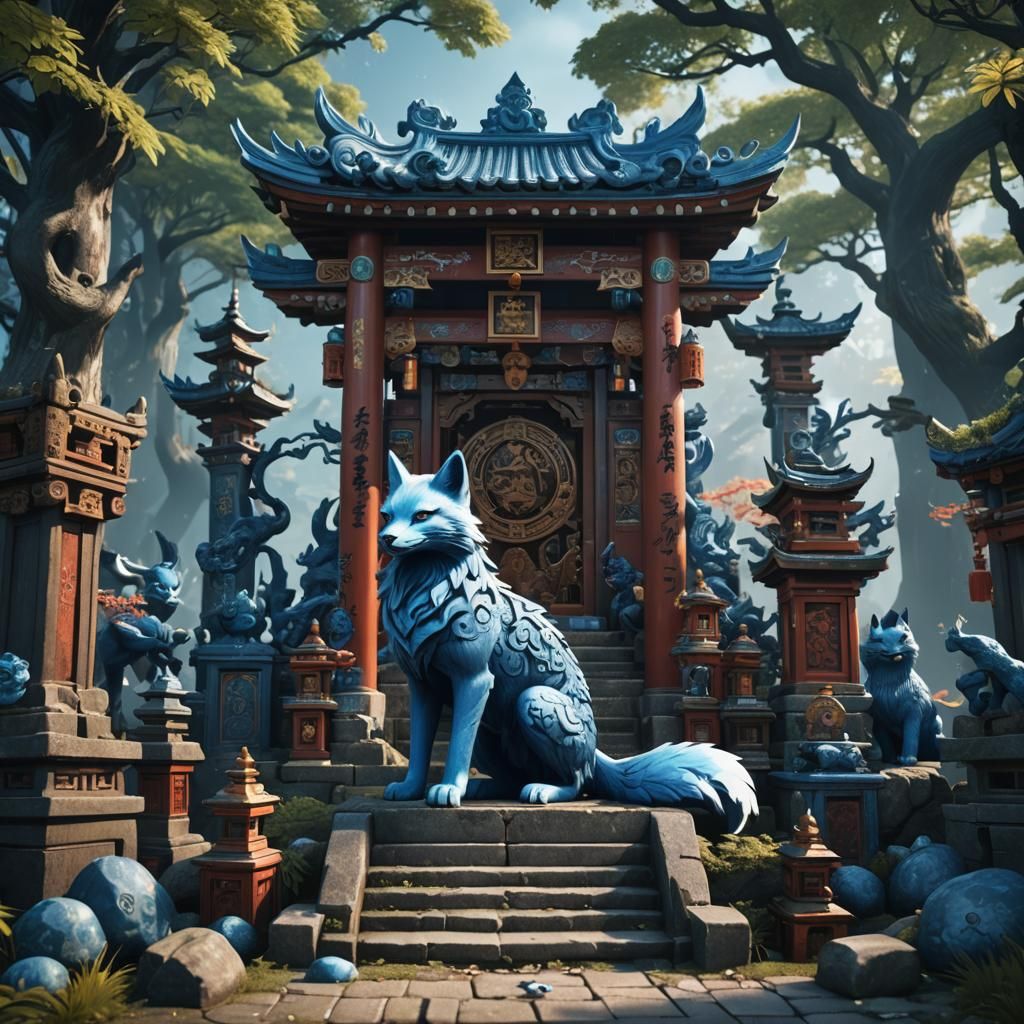 Blue Kitsune Shrine in Detailed Matte Painting