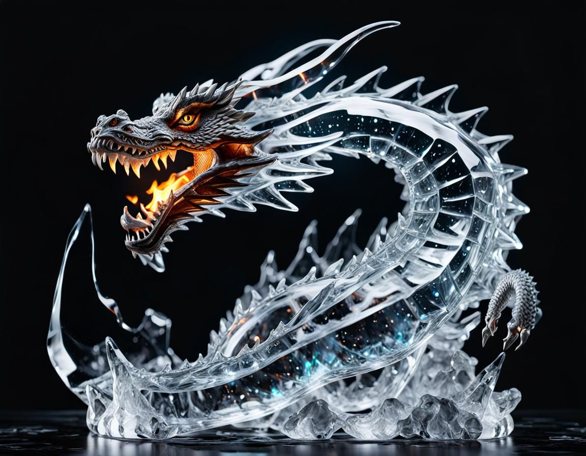 Ice Dragon Sculpture Breathing Fire: Photorealistic Concept