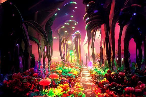Holographic Ocean Pathway with Neon Jellyfish in Art Deco St...