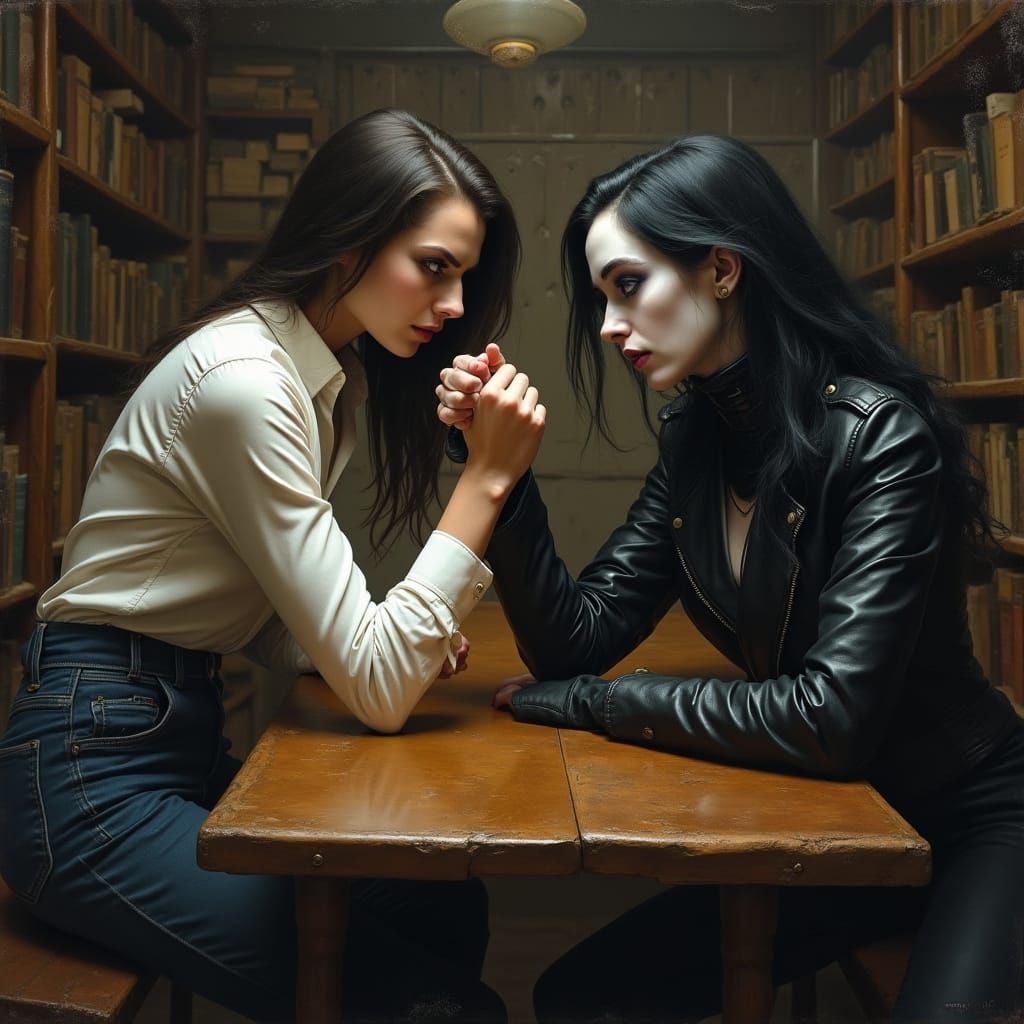Fierce Arm Wrestling Match in a Dimly Lit Antique Shop