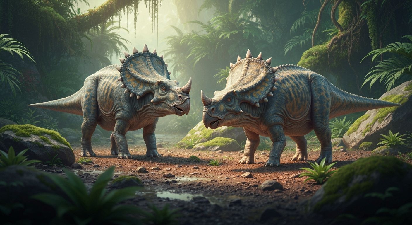 Albertaceratops Dinosaurs in Cretaceous Jungle: Photorealist...