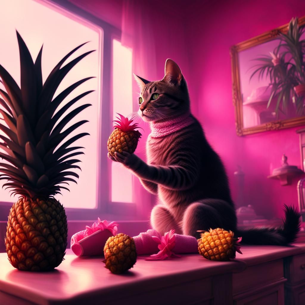 Cat in Socks Eating Pink Pineapple