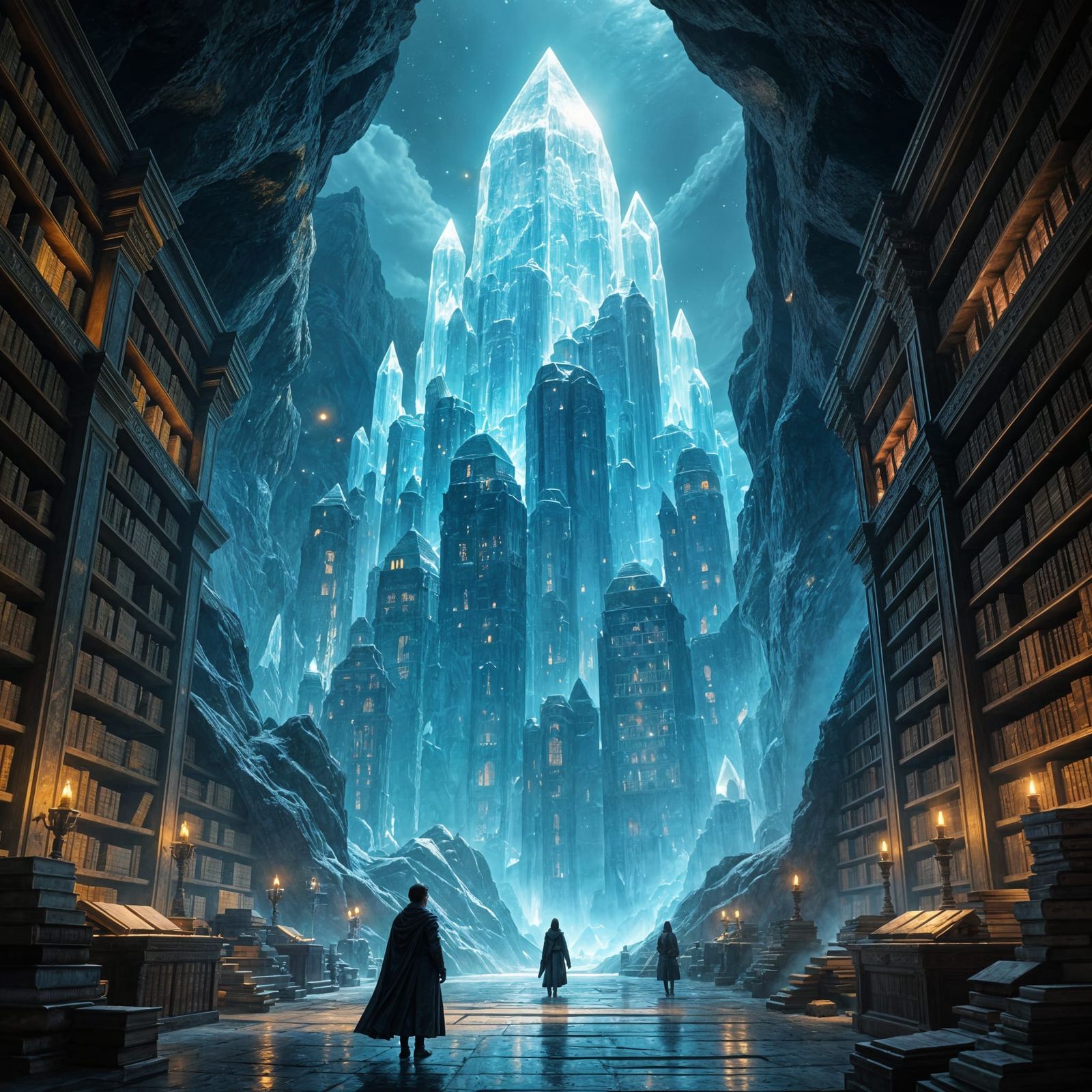 Ancient Crystal Mountain Library with Glowing Tomes