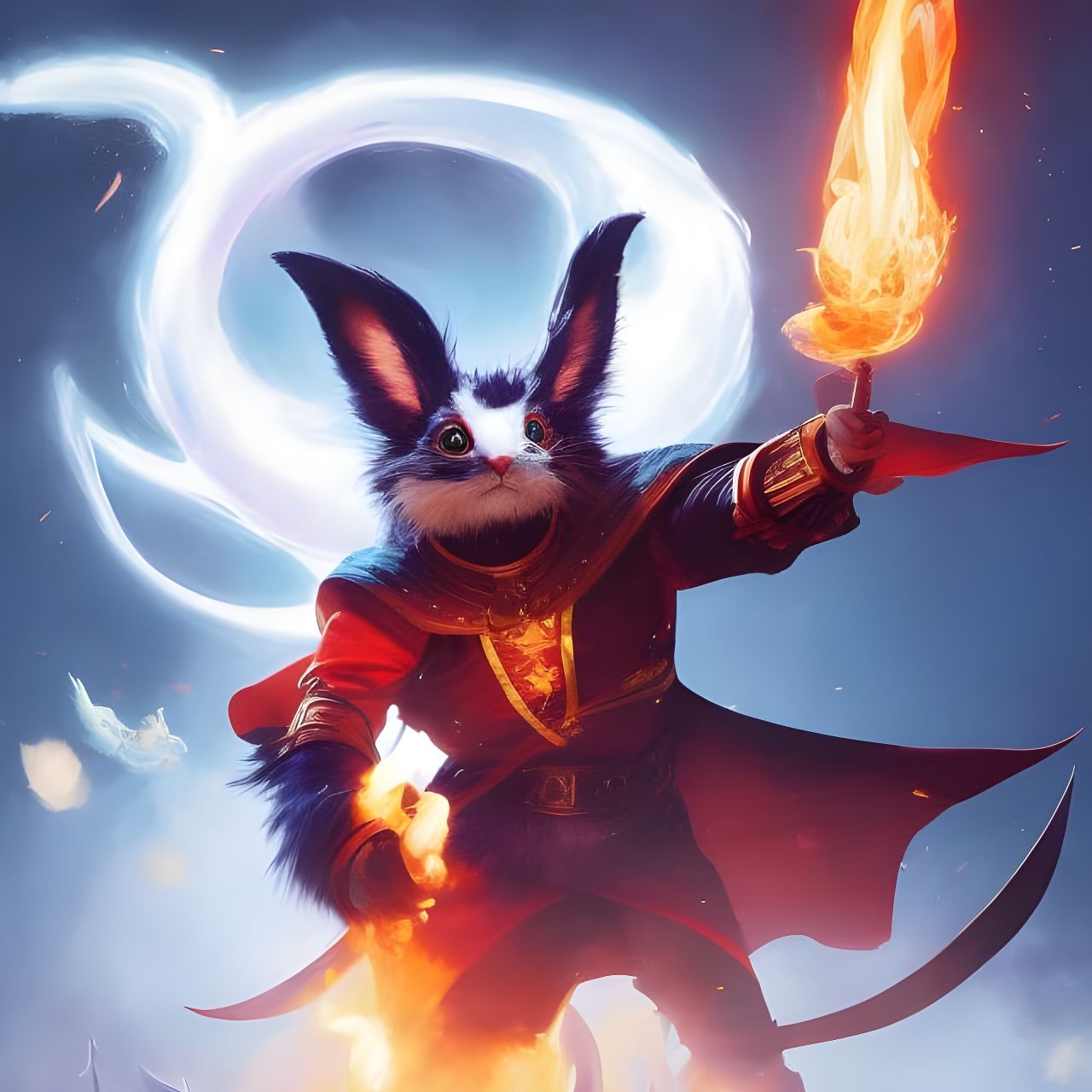 Wizard Bunny Conjuring Fire, Digital Art