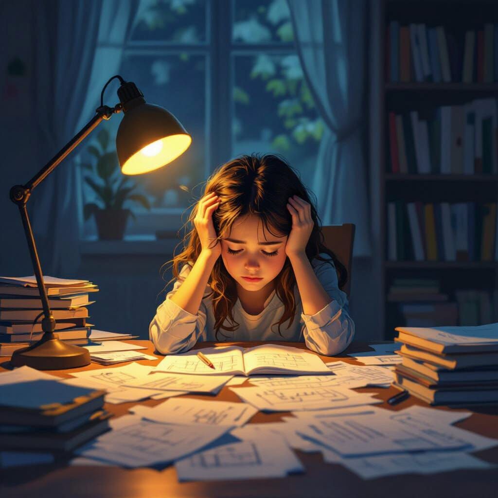 Girl Studying Math Amidst Chaos in Warm Light