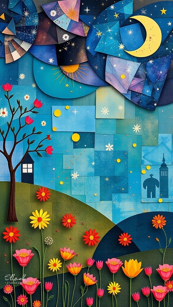 Inspiring Life of Contentment in Vibrant Collage Style