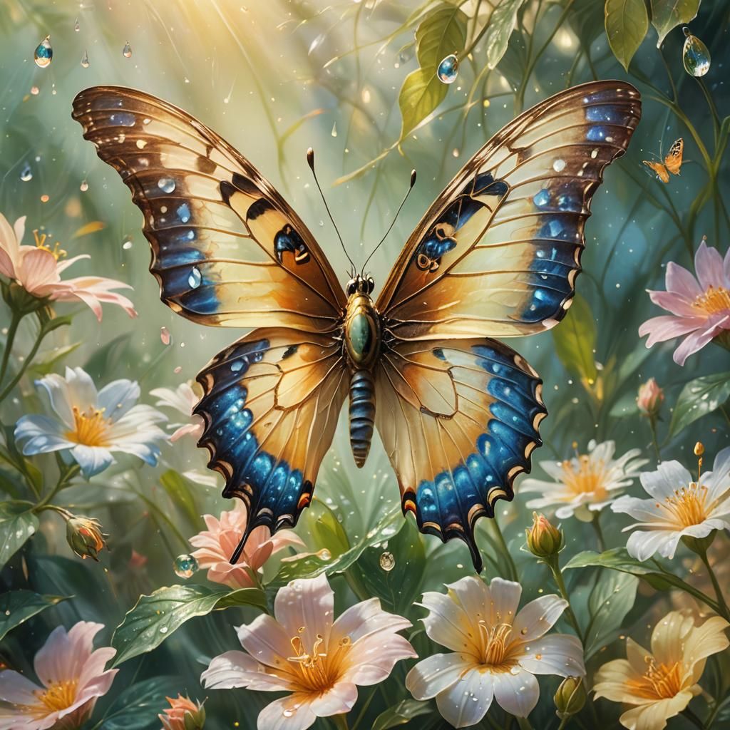 Surreal Butterfly Emerges in Shimmering Garden