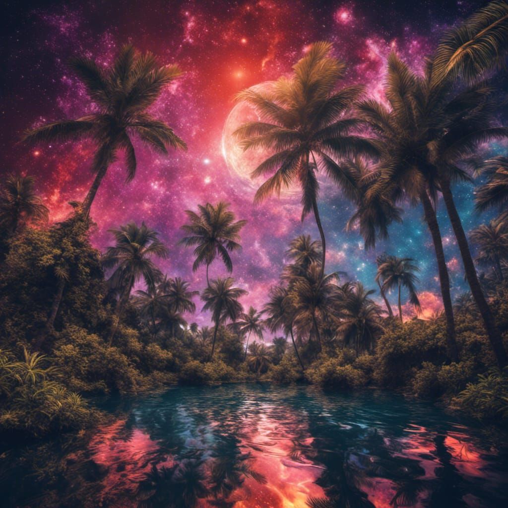 Trippy Space Background with Tropical Foreground in HDR