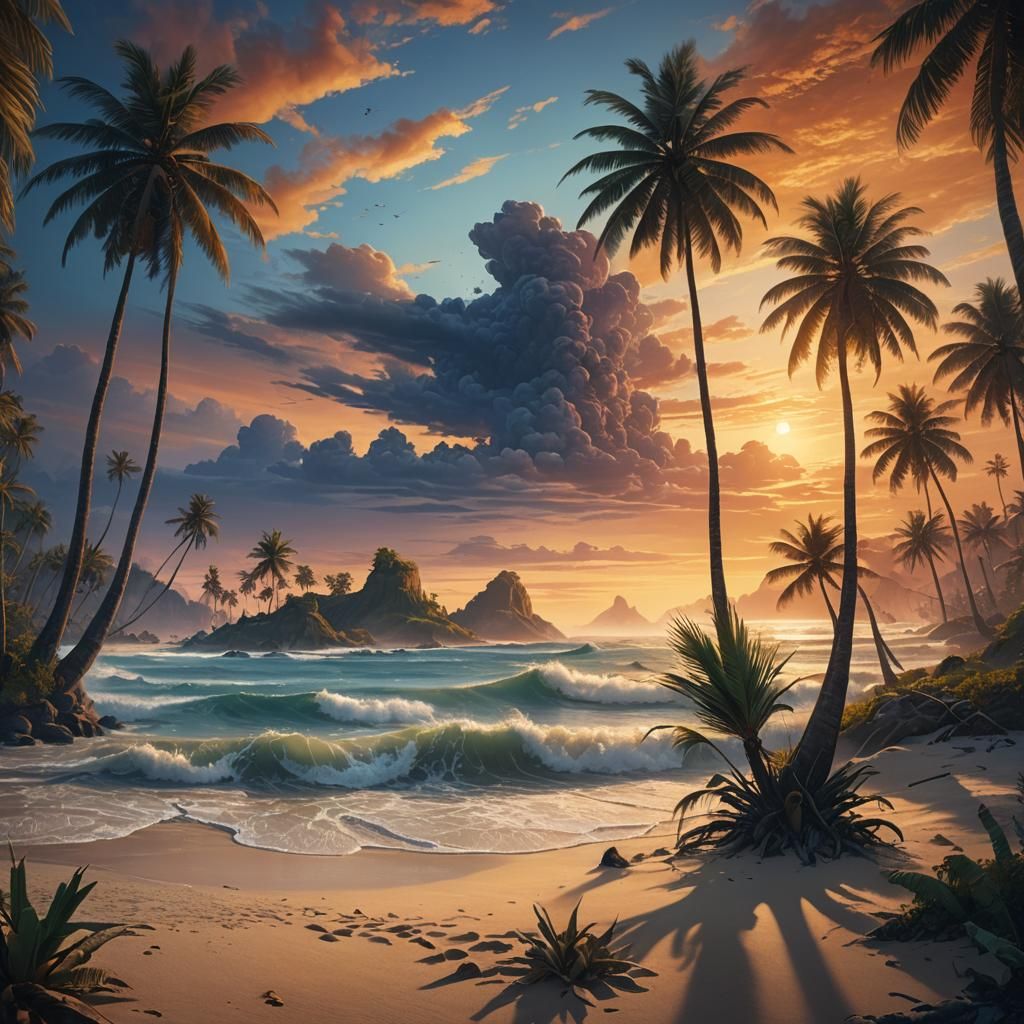 Sunset Beach Fantasy Landscape in Matte Painting Style