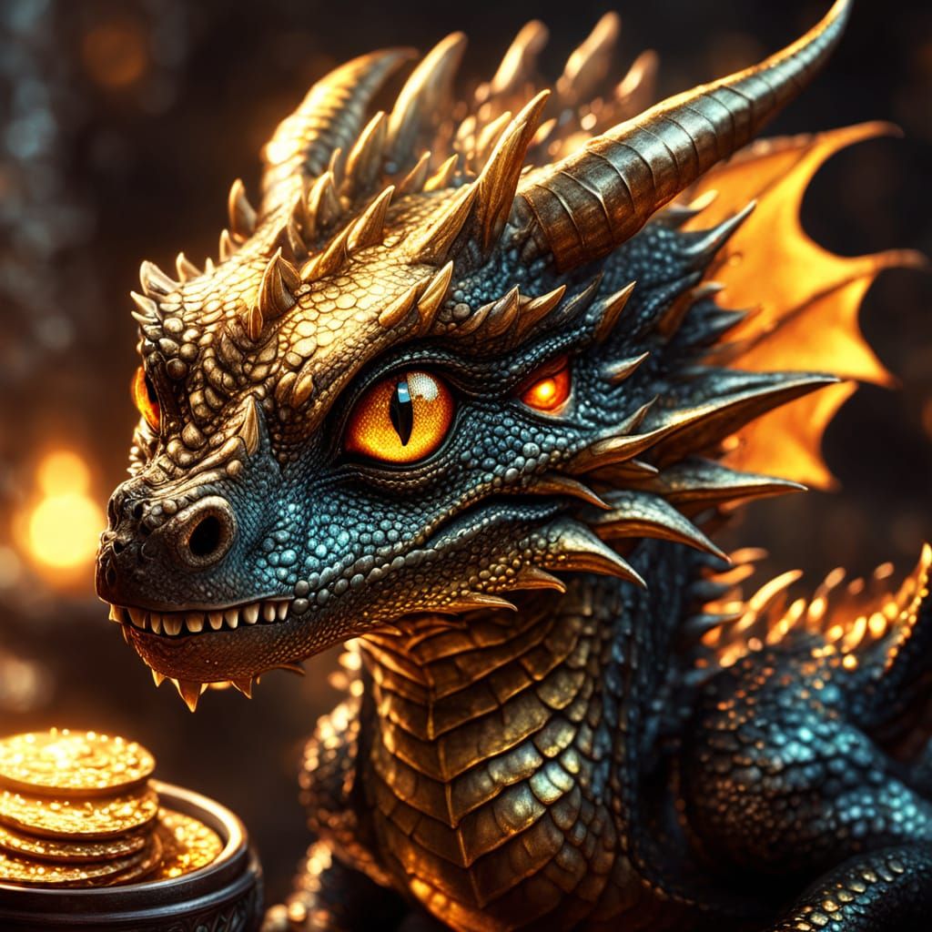 Baby Dragon on Gold in Fantasy Illustration Style
