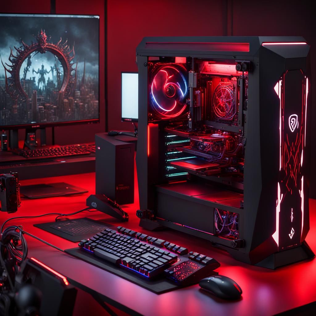 Gaming PC Setup with Red RGB Lighting