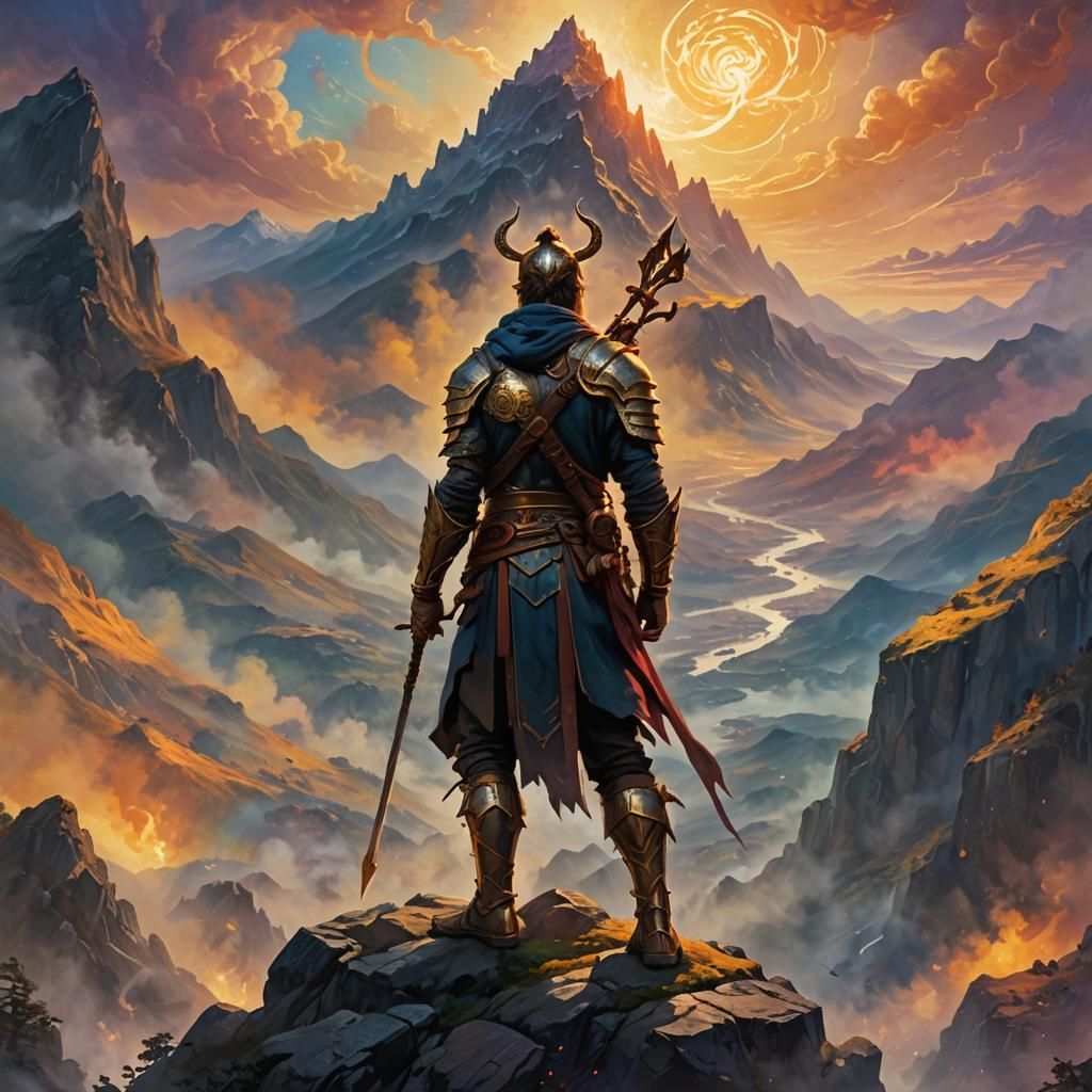 Heroic Warrior Overlooks Mystical Realm: Oil Painting