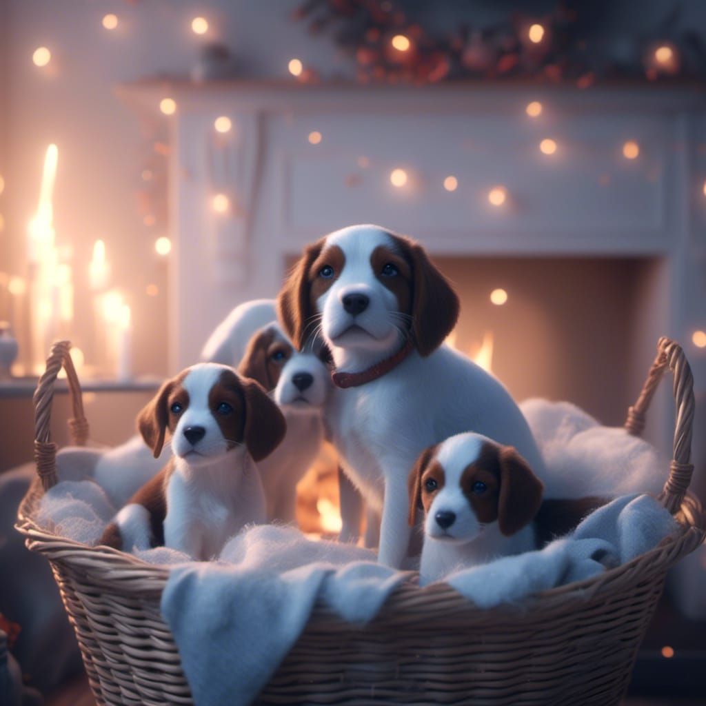 Adorable Brittany Spaniel Puppies Sleeping by Fireplace
