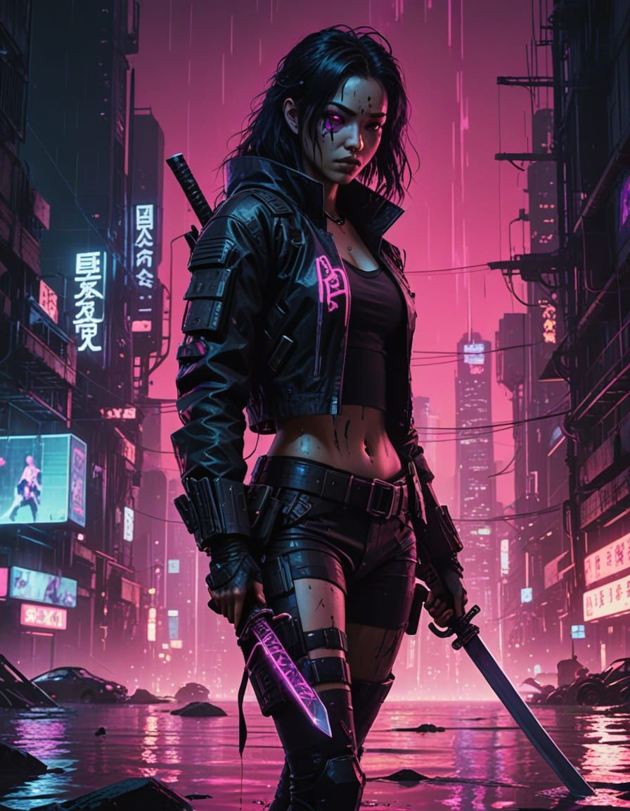 Cyberpunk Warrior in Neon Cityscape