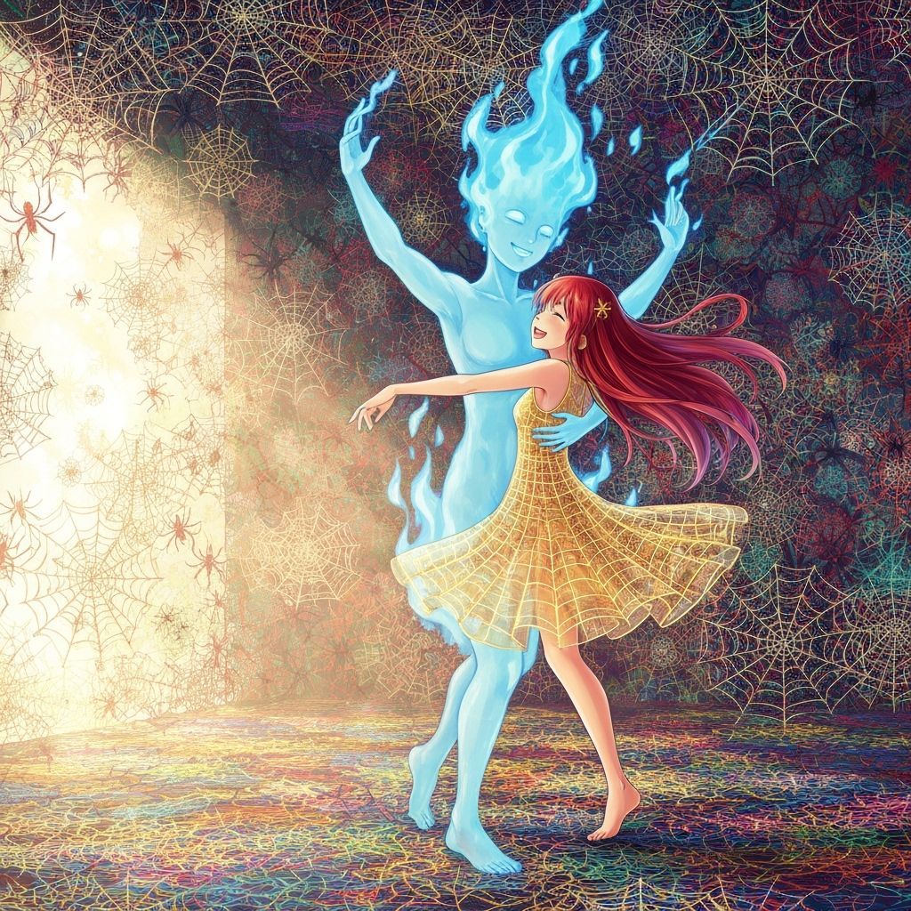 Anime Girl Dances with Fiery Spirit in Web Room