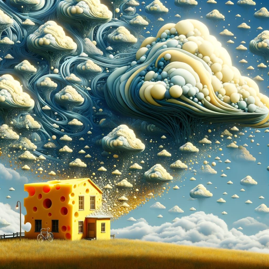 Surreal Cheese House in Dreamlike Digital Illustration