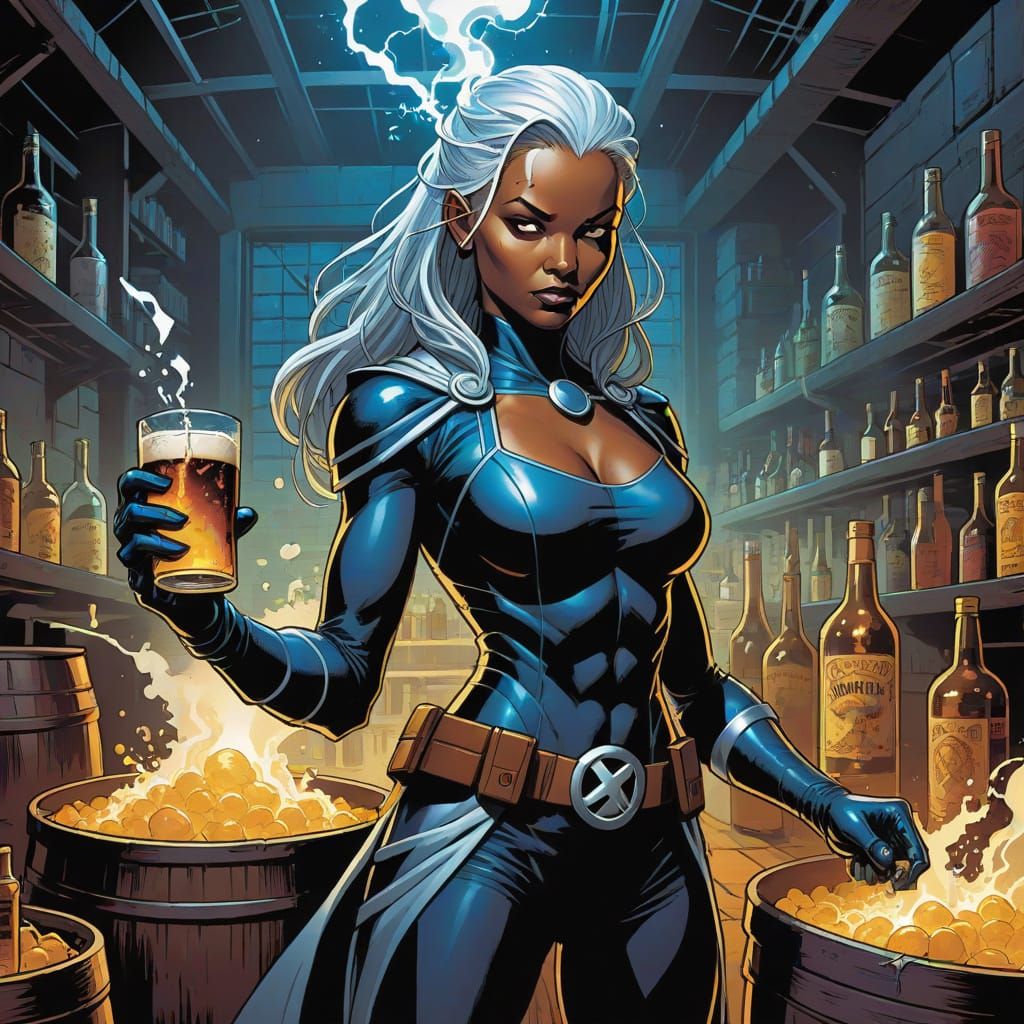 X-Men Storm Brewing at Liquor Still in Comic Art Style
