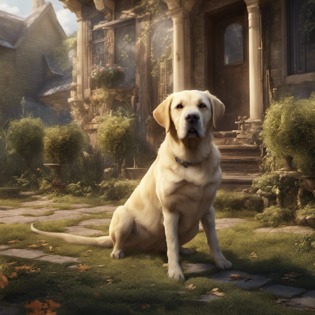 Yellow Lab Dog in Yard: Matte Painting