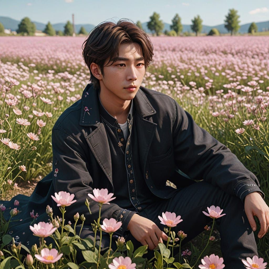 BTS RM in a Vibrant Flower Field Anime Art
