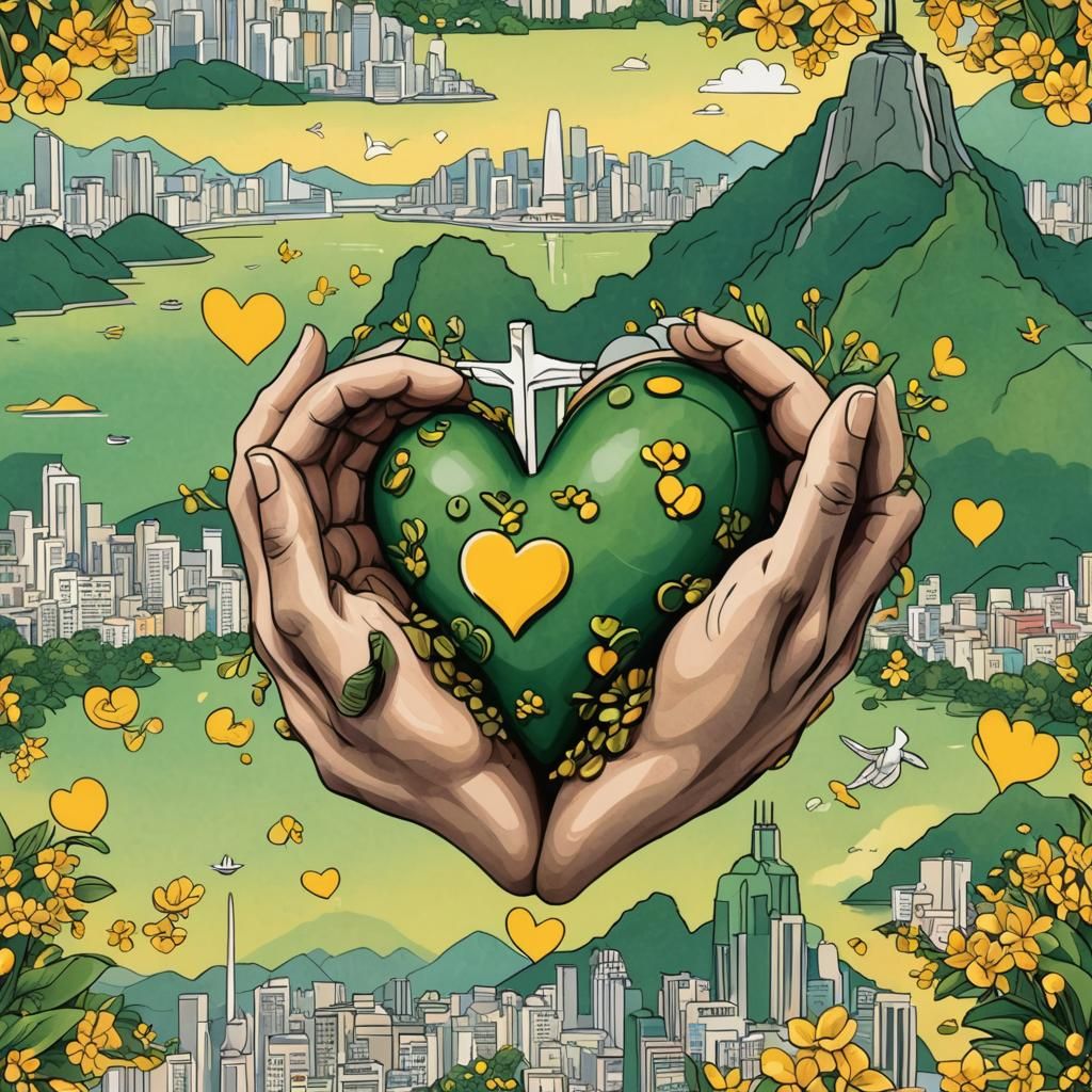Cartoon Hands Embrace Rio de Janeiro Skyline