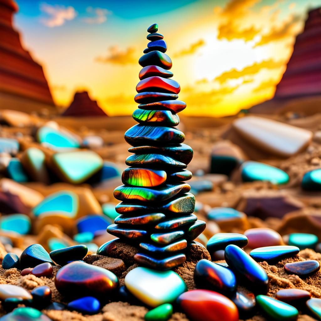 Ammolite Pebble Tower of Babel in Sunlight