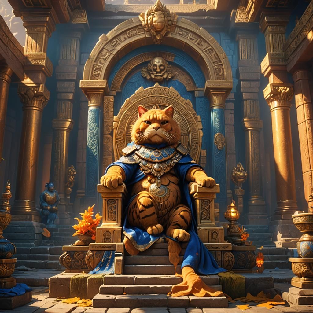 Garfield on a Throne in Ancient Temple