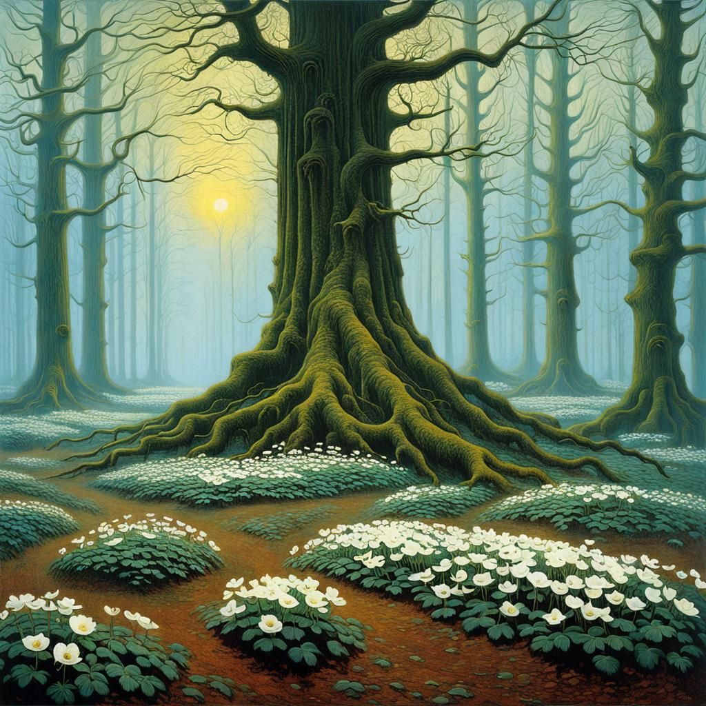 Anemones Under Ancient Tree in Surrealist Style