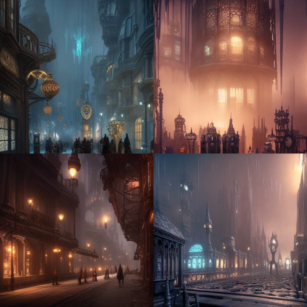 Gothic Steampunk City in Art Nouveau Style