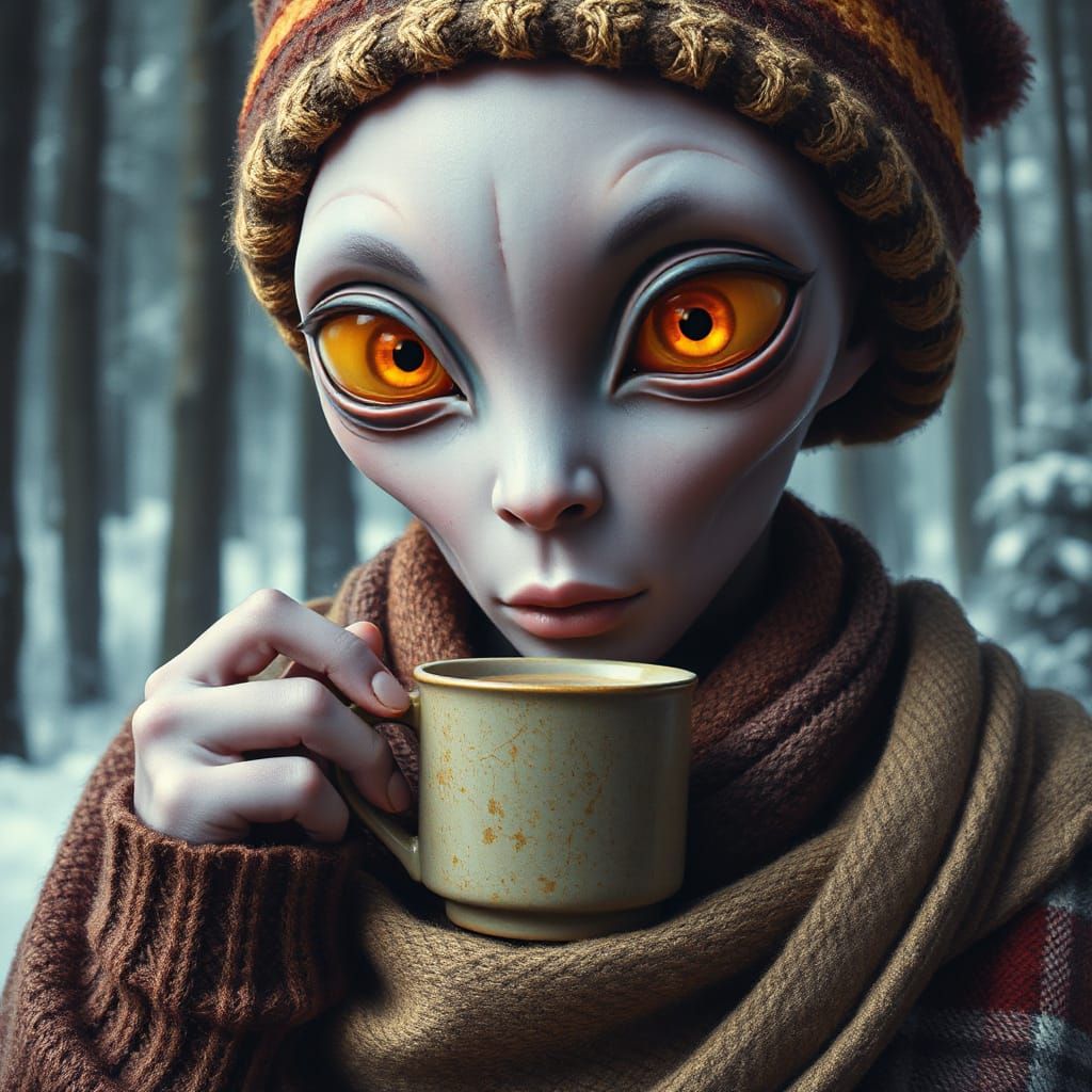 Alien Woman Sniffs Coffee in Atmospheric Winter Landscape
