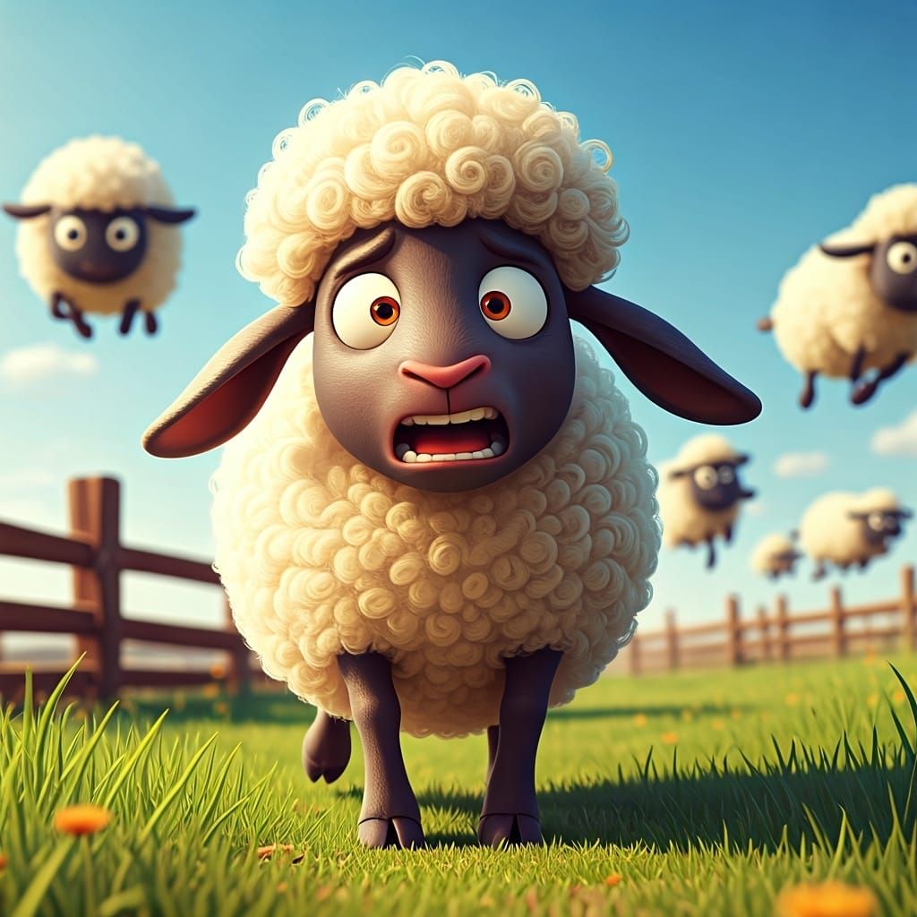 Scared Sheep and Cartoon Sheep Jumping Fence