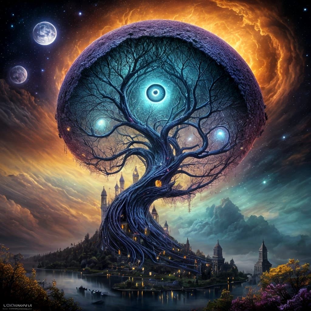Ethereal Surrealism: Glowing Eye Over Mystical Landscape