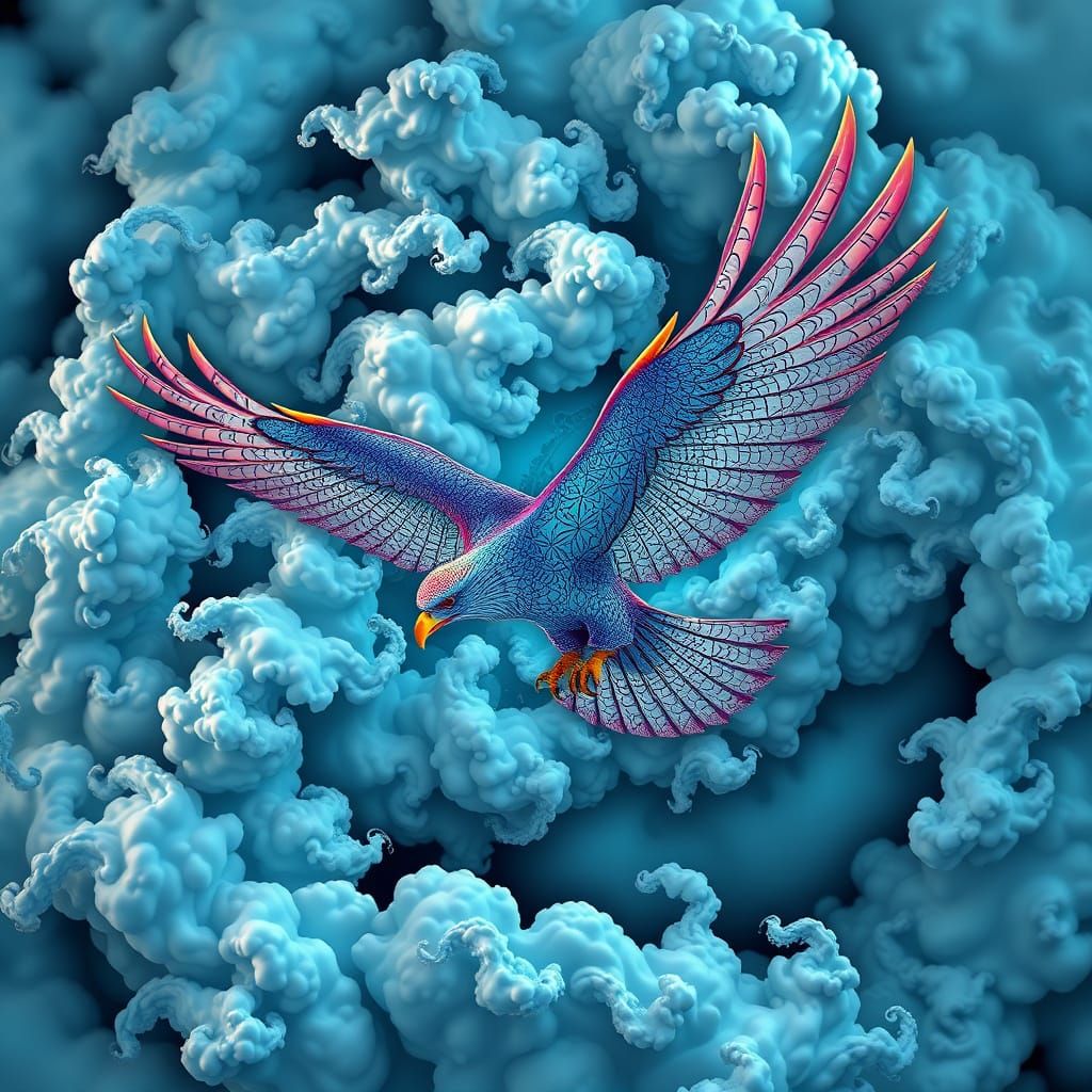 Iridescent Eagle Soaring Through Fractal Clouds