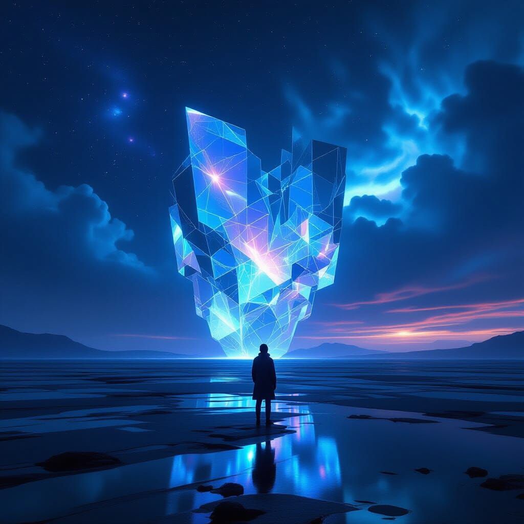 Figure Gazes at Holographic Future Memories on Obsidian Plai...