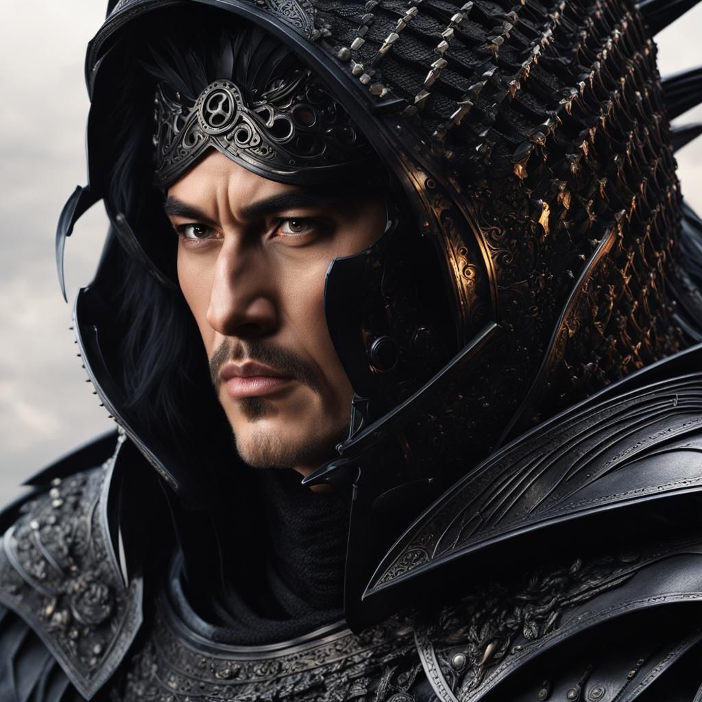 Figure in Black Bone Armor with Black Hole Background