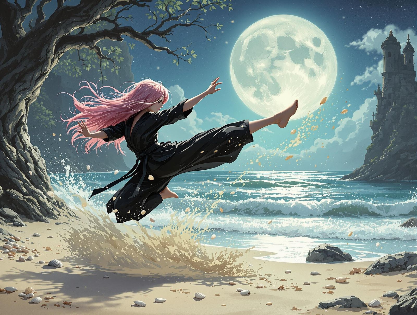 Gothic Fairy Flying Kick on Moonlit Beach