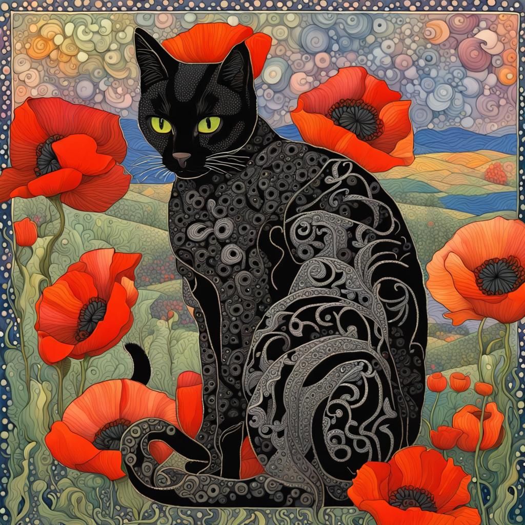 Zentangle Black Cats and Poppies in Matte Painting