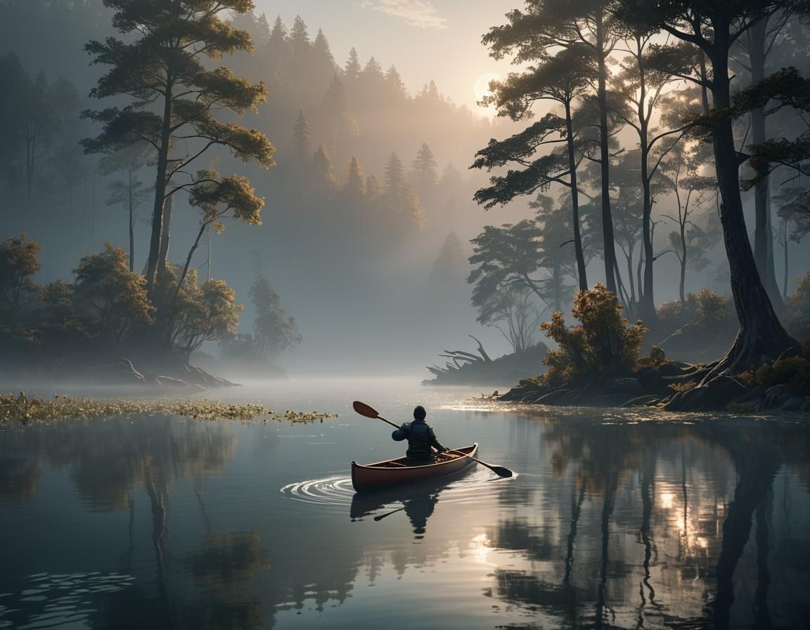 Canoeist on Misty Lake at Dawn: Fantasy Concept Art