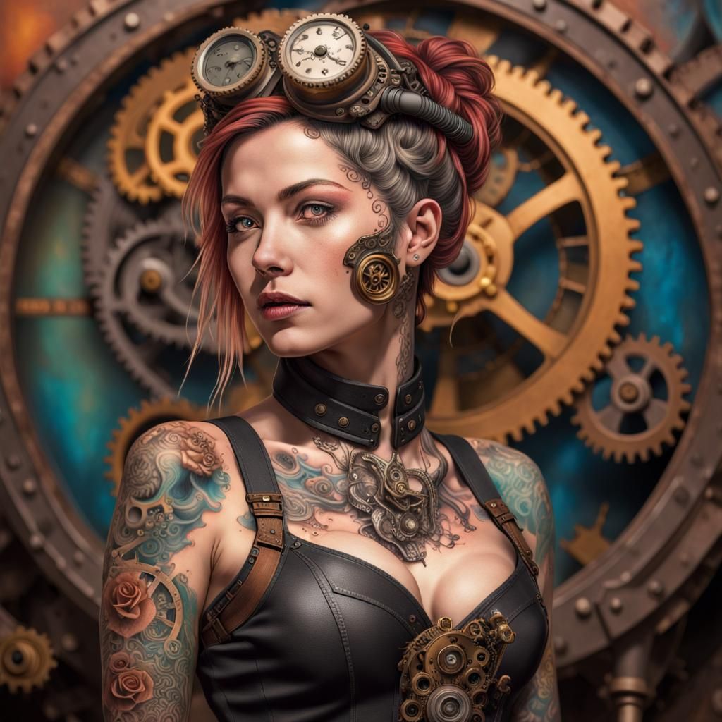 Steampunk Tattooed Woman: Hyperrealistic Splash Art