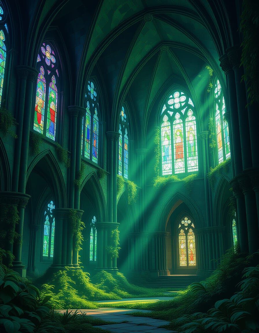 Lush Forest Overgrowing Gothic Church Interior