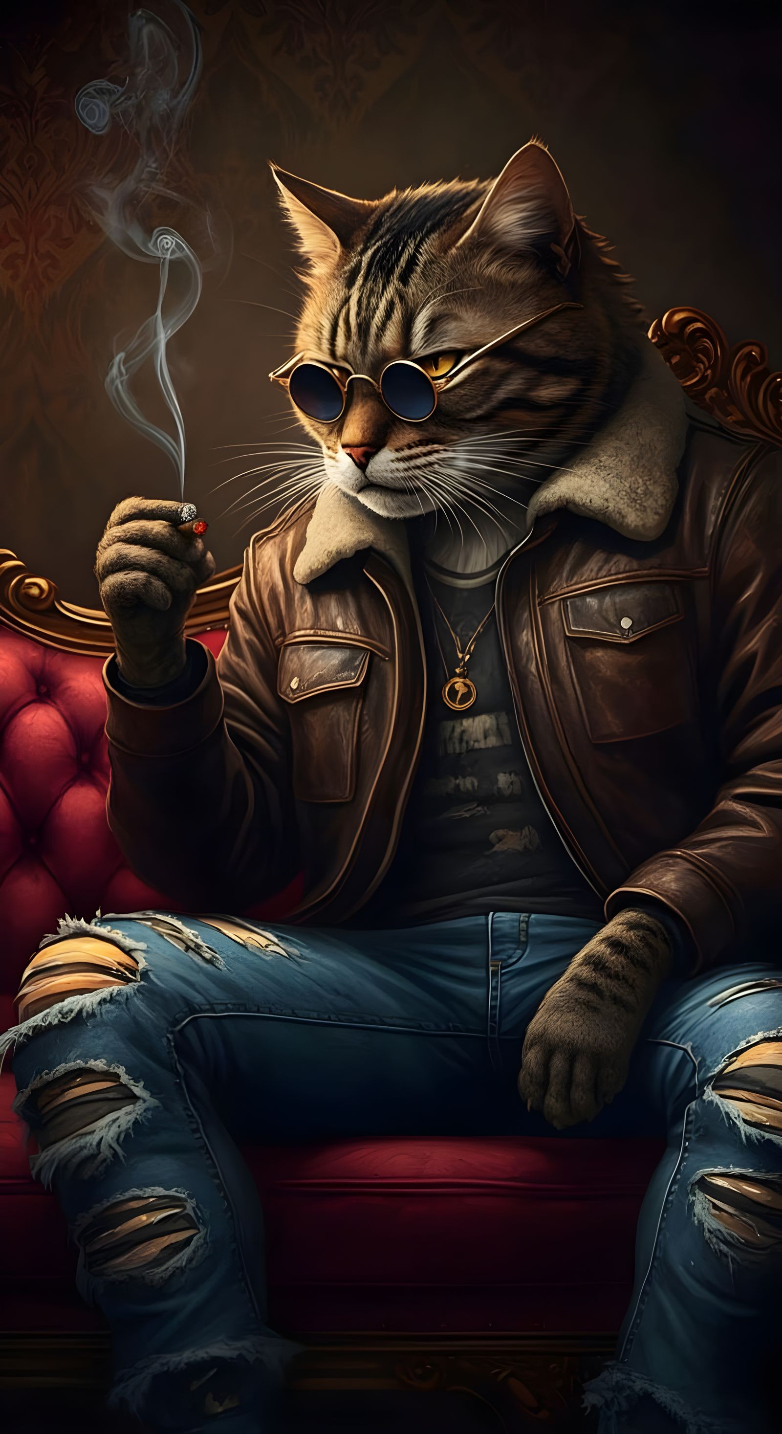Grumpy Cat Smoking Cigar on Victorian Couch